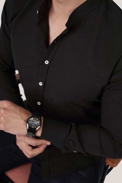 Etikmen Richter Collar Slimfit Linen Men's Shirt - Black with Gift Box