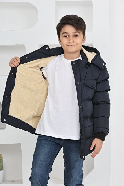 TheJOJODesign Erkek Çocuk Kışlık Polar Astarlı Kalın Elyaf Dolgulu Su Geçirmez Kapüşonlu Mont Kaban
