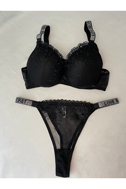 more than socks Kadın siyah dantelli taşlı balenli destekli dolgulu push up sütyen takımı