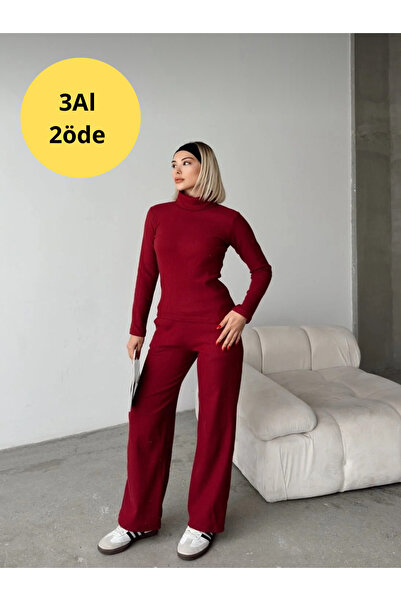 Ayfer Burgundy Ribbed Camisole Fabric High-Rise Collar Bottom Top Pants Suit