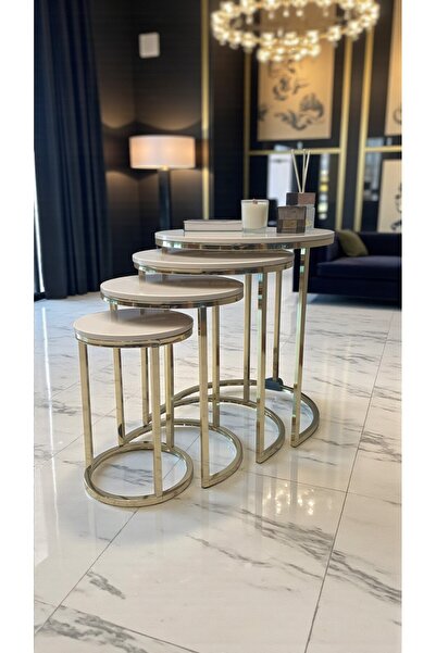 fursimo Elegante Serisi Gold Metal Ayaklı 4 lü Sehpa Seti Parlak Gold Krem MD...