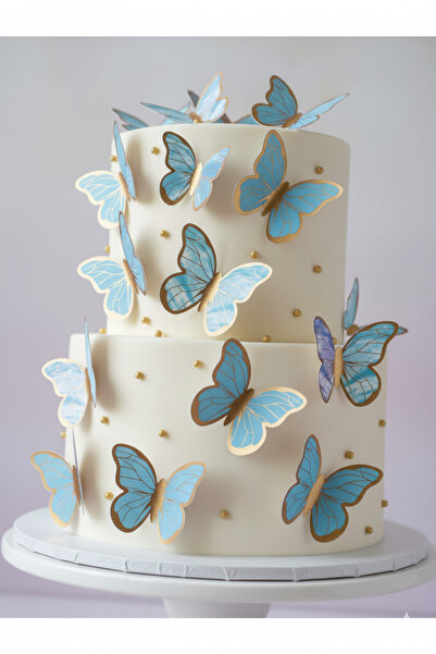 Deniz Party Store Gold Varaklı 3 D Mavi 21 Li Kelebek Sticker Balon Pasta Süsü
