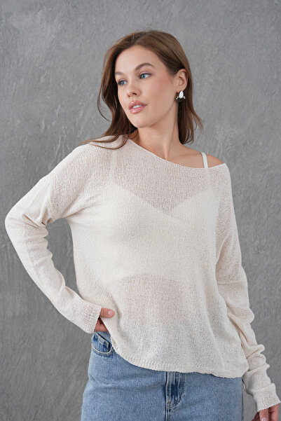 bayansepeti Ecru Wide Collar Knitwear Oversize Sweater 6933