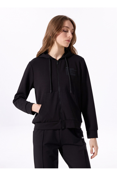 Jeep Siyah Kadın Kapüşonlu Relaxed Baskılı Sweatmont J4SL-SWT7019
