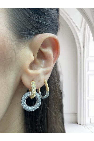 Vitastyle أقراط متشابكة بتفاصيل حجرية فضية وذهبية اللون