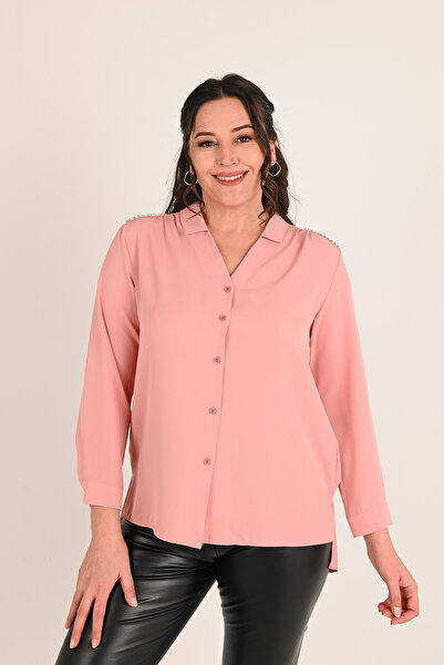 Koza Butik Kadın Büyük Beden Omuz Taş Detaylı Gömlek 1687-24