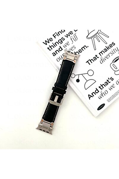 AktarMobile Apple Watch 7 8 9 45 mm uyumlu Metal Aksamlı Suni Deri Kordon Dik...