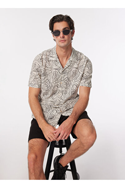 Fabrika Bej Erkek Apaş Yaka Basic Baskılı Gömlek F4SM-GML 0400