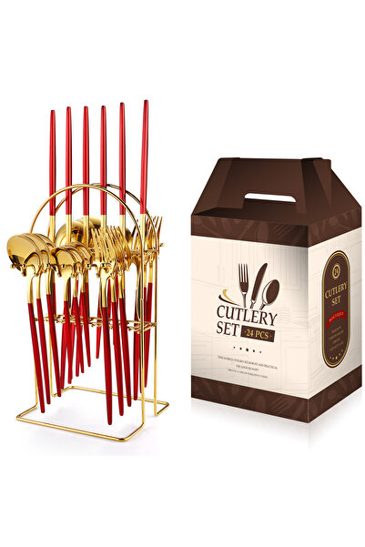 Trendy's Portuguese cutlery set, stainless steel 24 pieces, with stand, TRENDY'S, red-gold