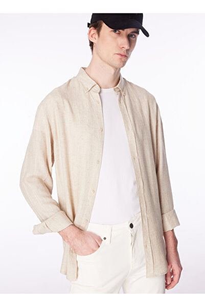 Fabrika Bej Erkek Düğmeli Regular Fit Armürlü Gömlek F4SM-GML 0709