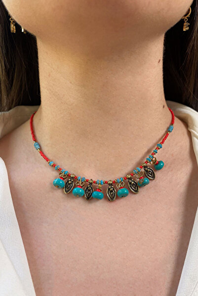 lumosart El Yapımı Turkuaz Taşlı Kırmızı Boncuklu Bohem Kolye