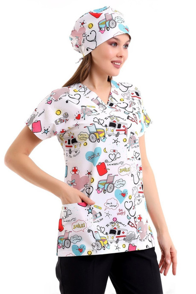 Bilenn Tekstil Bat Sleeve Digital Unisex Pattern Top - 6503 White Stethoscope