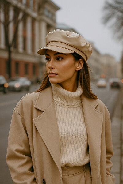 Luminos Butik Μπεζ καπέλο από συνθετικό δέρμα - με φαρδιά γείσο και λεπτομέρεια ραφής Spk1127