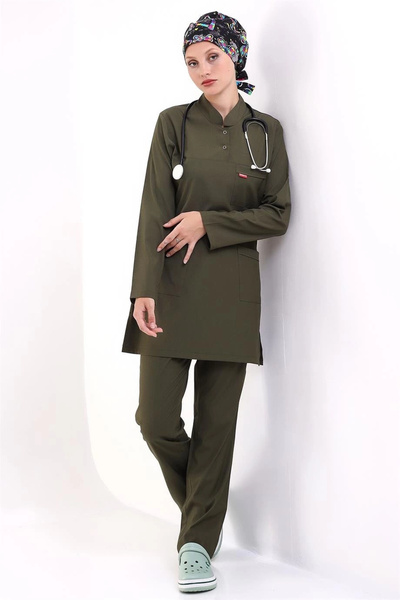 Bilenn Tekstil طقم جيرسي حجاب ليكرا ناعم مزود بكبستين - 6427 أخضر كاكي