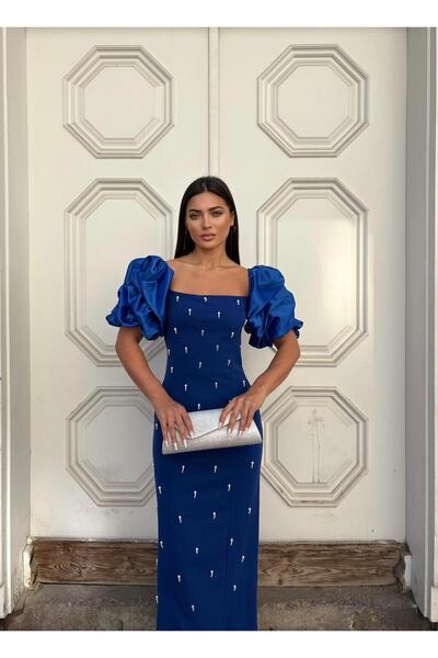 HELİS BUTİK Rochie Saks cu guler pătrat, lungime maxi, cu detalii în piatră 583299