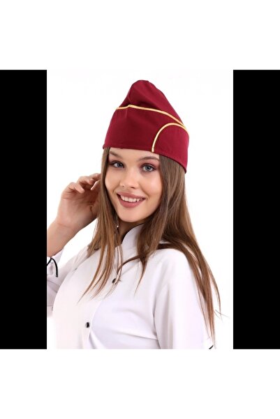 Bilenn Tekstil Aşçı Kayık Kep - Bordo Sarı Biye
