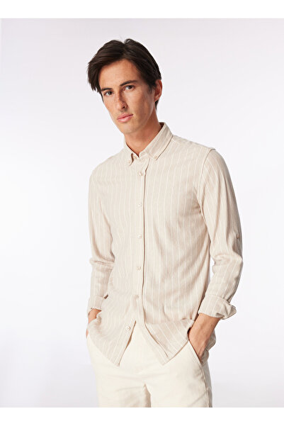 Fabrika Bej Erkek Düğmeli Basic Çizgili Gömlek F4SM-GML 0925