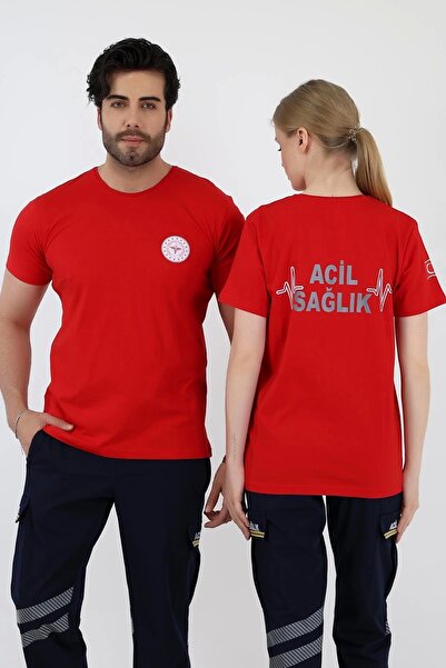 Bilenn Tekstil تيشيرت بأكمام قصيرة ورقبة دائرية من القطن الممشط للطوارئ - أحمر