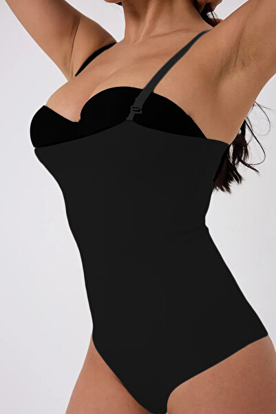 MİSTİRİK Mazzola Model Laser Cut Abdomen and Belly Firming Scar Storing Bodysuit Corset Black Color