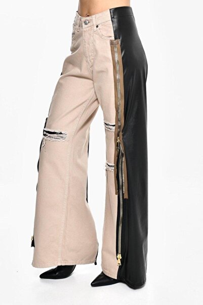 DQMANE Design Leather and Zipper Detail Trousers