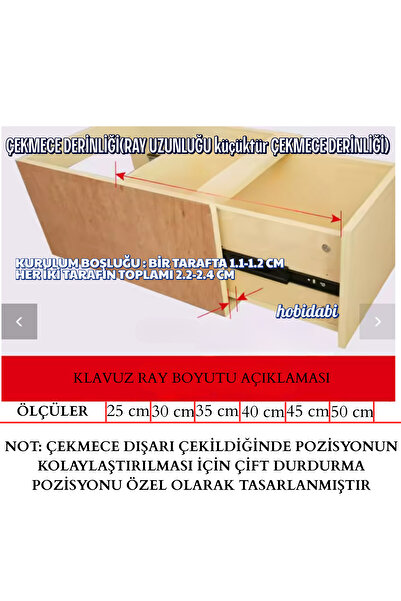 HOBİDABİ 40 Cm Klasik Kızaklı Dolap Çekmece Rayı 1 Çekmecelik (4 PARÇA KARŞILIKLI)