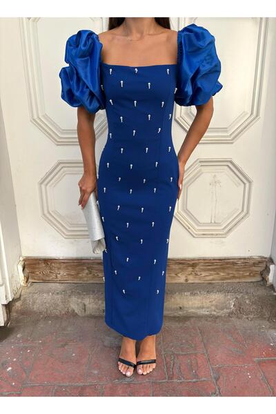 HELİS BUTİK Kare Yaka Maxi Boy Taş Detaylı Saks Elbise 583299