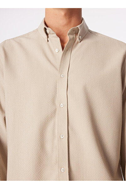 Fabrika Bej Erkek Düğmeli Relaxed Çizgili Gömlek F4SM-GML 0252