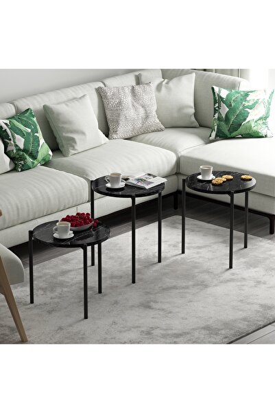 Betroya Zuba Zigon Sehpa 3’lü Yuvarlak, Metal Ayaklı, Modern Tarz, Kahve, Servis ve Sunum Sehpası