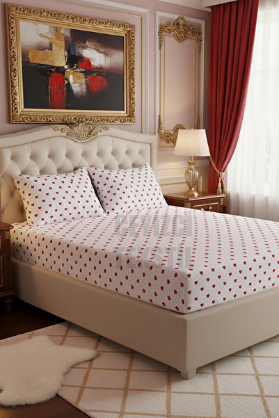 Çt Çeyizci Tekstil Double Fitted Sheet Set + 2 Pillowcases 160X200Cm Heart Pattern