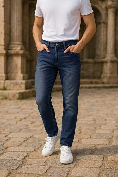 Xcedy Férfi klasszikus prémium nadrág - magas derék, rugalmas csőszár, 5 zseb, kék C366