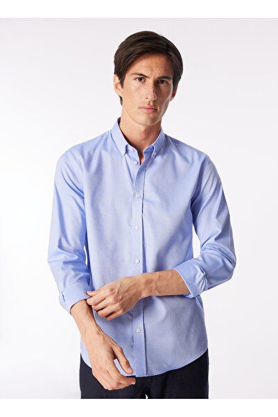 Fabrika Basic Düğmeli Yaka Armürlü Mavi Erkek Gömlek F4SM-GML 0899