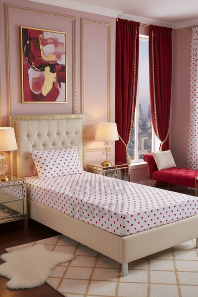 Çt Çeyizci Tekstil Single Fitted Sheet Set + 1 Pillowcase 100X200Cm Heart Pattern