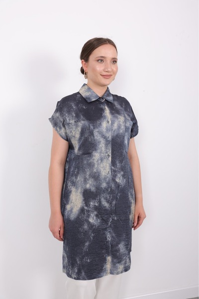 Linvey Yazlık Şık Cepli Kolsuz Düğmeli Parlak Kumaş Gömlek Elbise Tunik Yelek