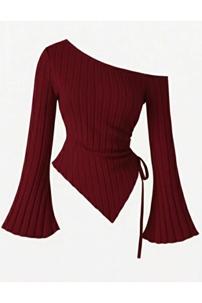 albaroda Bluză pentru femei, Bordeaux, groasă, material reiat cu guler asimet...