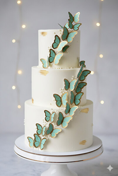 Deniz Party Store Varaklı Yeşil 3 D 21 Li Kelebek Sticker Balon Pasta Süsü