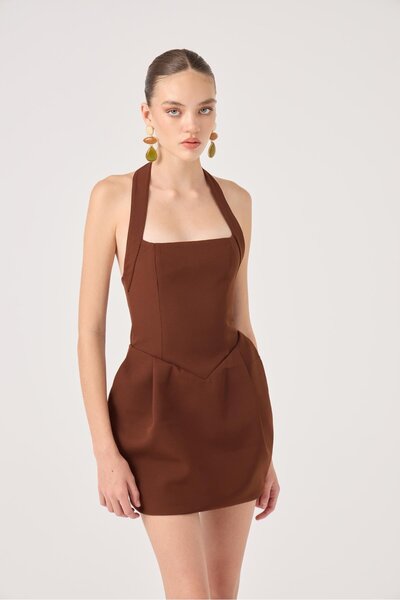HOLLY LOLLY Mini Yerry Dress with Halter Neck and Pockets Brown