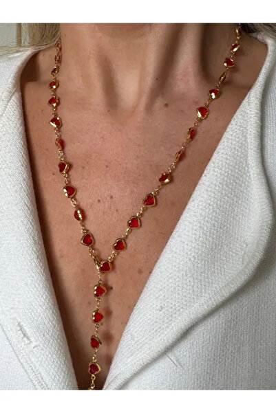 Vitastyle Gold Color Red Heart Shape Stone Detail 316L Steel Y Model Necklace