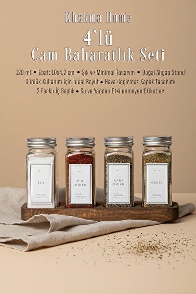 KHAKMA طقم توابل زجاجي مكون من 4 قطع مع حامل خشبي |   120 مل |   غطاء فضي مع ملصق أبيض |   تصميم بسيط