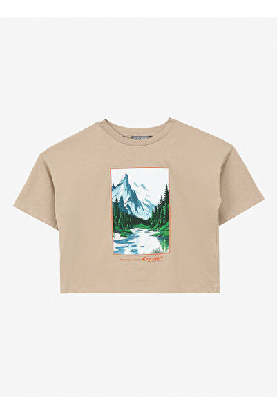 Discovery Expedition Bej Kız Çocuk Bisiklet Yaka Oversize Baskılı T-Shirt D4S...