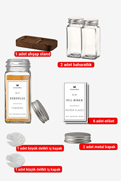 KHAKMA Set of 2 Glass Spice Jars with Wooden Stand Salt Shaker Pepper Shaker | 120 ml | Silver Cover White Label