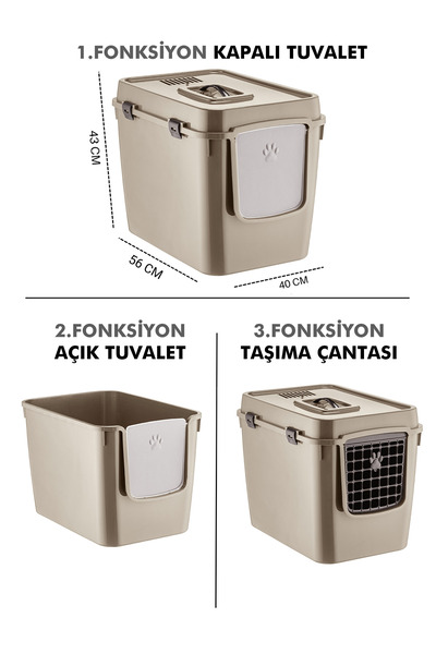 SENNEDİLERSEN PetGrow XXL 3 Fonksiyonlu Premium Kapalı Kedi Tuvaleti ve Taşıma Çantası 56 x 40 x 43 Cm