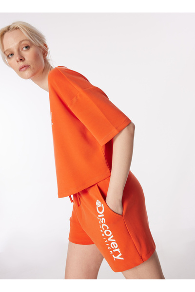 Discovery Expedition D4SL-SHT3023 Nar Çiçeği Standart Fit Baskılı Kadın Sweat Şort