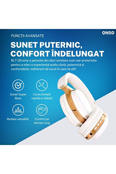 YETI Casti Bluetooth Wireless Over-Ear Sunix BLT-20, Super Bass, Confort, Alb