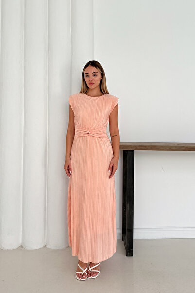 MODAMİNEM Kadın Pudra Piliseli Bağlama Detay Elbise