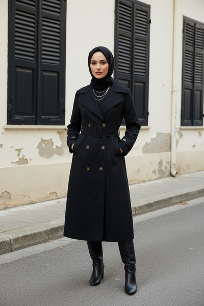 Zeneva Collection Siyah - %100 Pamuk Ekstra Uzun (120cm) Tam Kalıp Kadın Tesettür Trençkot