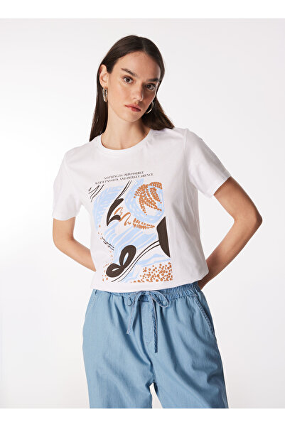 Fabrika Bisiklet Yaka Baskılı Beyaz Kadın T-Shirt F4SL-TST0350