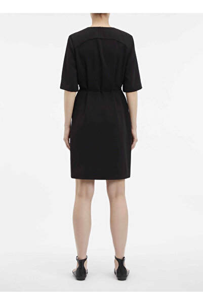 Calvin Klein Bisiklet Yaka Düz Siyah Kısa Kadın Elbise STRUCTURE TWLL MINI SHIFT DRESS