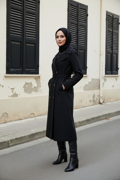 Zeneva Collection Siyah - %100 Pamuk Ekstra Uzun (120cm) Tam Kalıp Kadın Tesettür Trençkot