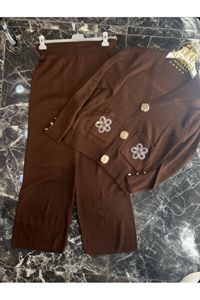 MY QILAM Women's Hijab Set Floral Embroidered Gold Button Knitwear Top and Bottom Set Brown