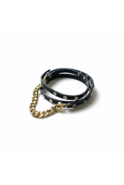 maia Black Leather Chain Detailed Women's Bracelet – Gold Color
